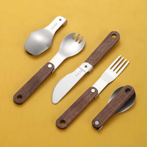 Walnut Wood Folding Cutlery Set 304 Stainless Steel Portable Outdoor Camping Spoon <b>Fork</b> <b>Knife</b> Set Modern Design - Product Image 4