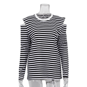 Ropa de otoño para <span class=keywords><strong>mujer</strong></span>, <span class=keywords><strong>camiseta</strong></span> con hombros descubiertos, camisetas para <span class=keywords><strong>mujer</strong></span>, camisetas de manga larga con estampado de rayas y cuello redondo para <span class=keywords><strong>mujer</strong></span> - Product Image 3