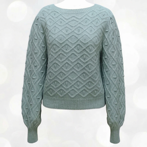 Pull en tricot géométrique bleu clair pour femmes, col rond, manches longues, pull d'hiver décontracté, tricoté à la main, coupe régulière - Product Image 1