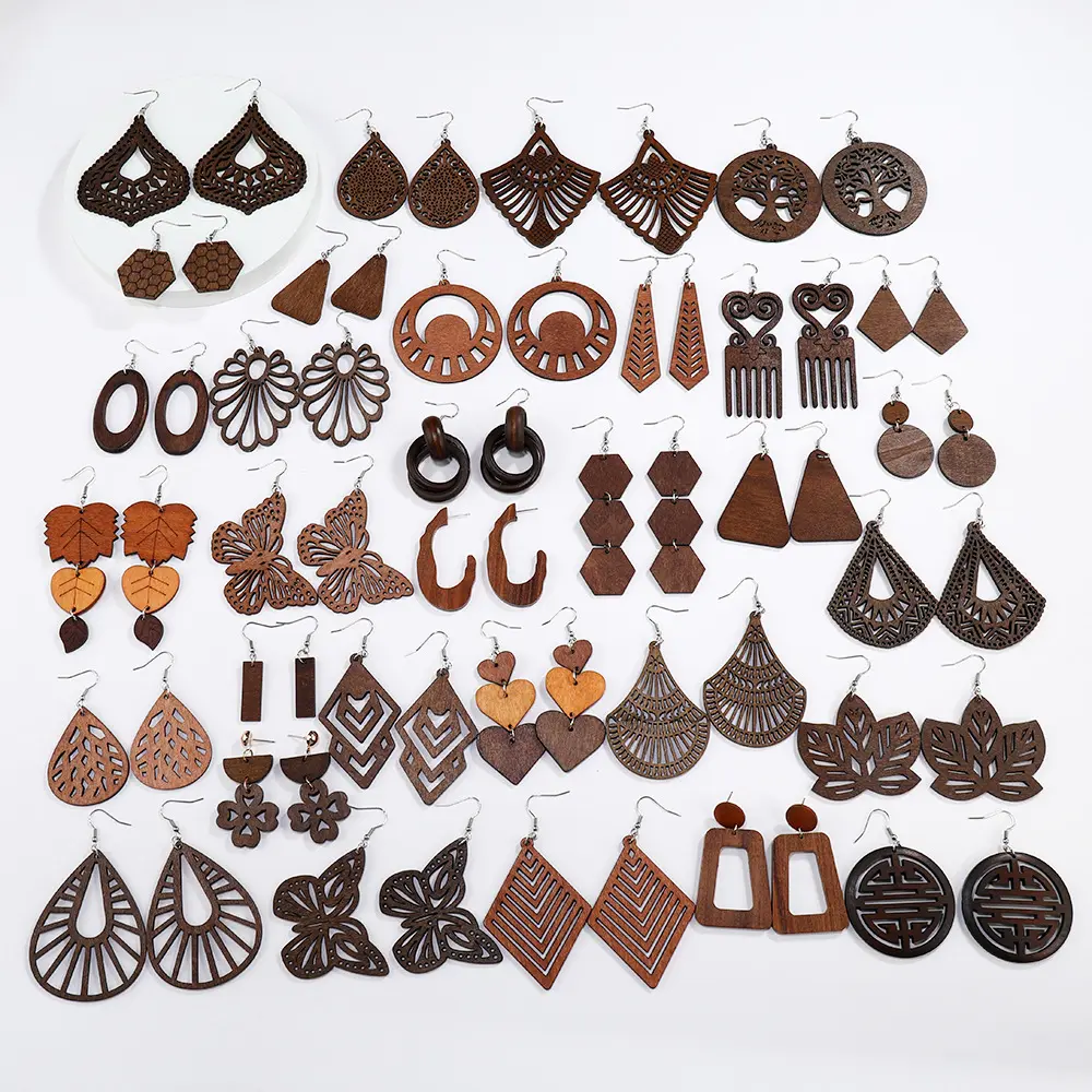 2022 New Ethnic Style Hollow African Wooden Painted Laser Cut Wood Drop Earrings for Women