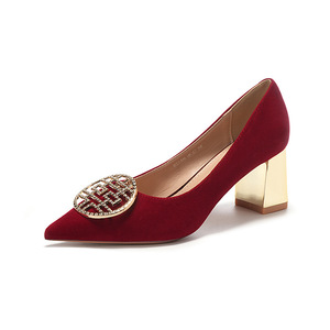 Zapatos de Novia Rojos con Tacón Grueso, Punta Puntiaguda, Estilo Slip-On, Elegantes y Cómodos, con Decoración de Hebilla - Product Image 5