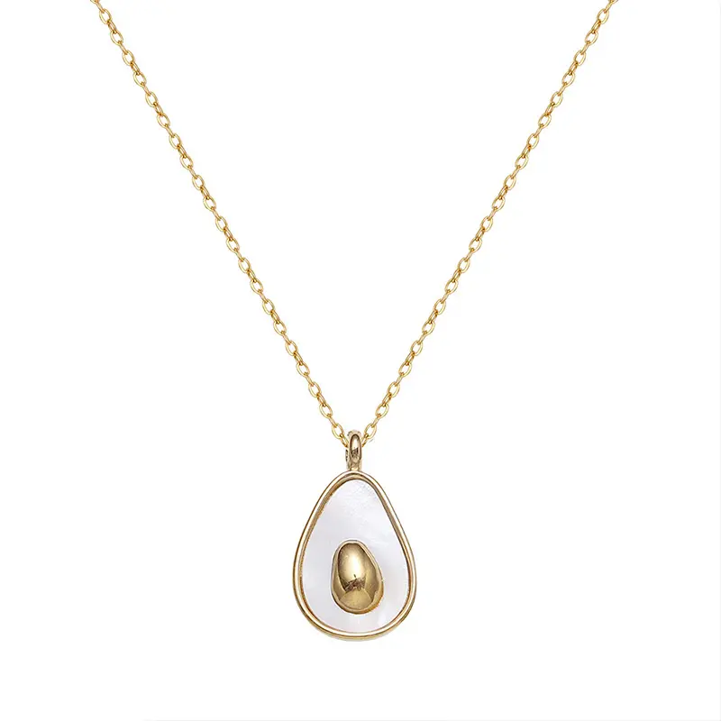 Fashion Cute Fruit Avocado Charm Pendant Necklace White Shell 18K Gold Plated 316L Stainless Steel Waterproof Jewelry
