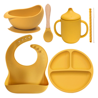 Logo imprimé 6 pièces ensemble bébé dîner alimentation couverts bol d'aspiration assiette divisée Silicone bébé bavoir et tasse avec ensemble de paille