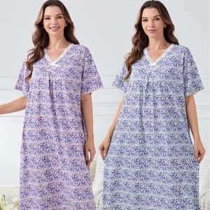 Summer <strong>Pyjamas</strong> Women's V-Neck Lace Loose Short-Sleeved Skin-Relaxed Pajamas Lighted Floral <strong>One</strong> Meter Three-Length Dress - Product Image 4