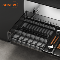 Organisateur de placard de cuisine SONEW DAWN en alliage d'aluminium, tiroirs coulissants avec étagère à vaisselle réglable et plateau à couverts