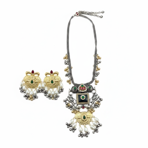 Jewelemarket Green 2 Tone Plated Pota Stone Long Necklace Set Fashion Jewelry Set - Product Image 2