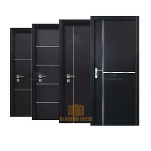 Garis-garis Sederhana Desain Modern Wajah Kayu Melamin Dibentuk Flush Hitam Melamin Pintu