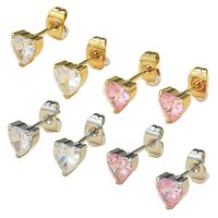 Boucles d'oreilles clous en cuivre serties de zircon en forme de cœur, zircon blanc rose, dos papillon, pour femmes, vente en gros, fabricant
