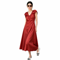 Robe midi d'été 100 % lin pour femme, sans manches, col en V, volants, coupe tunique, ajustée, avec cordon de serrage, décontractée, pour les vacances et la plage