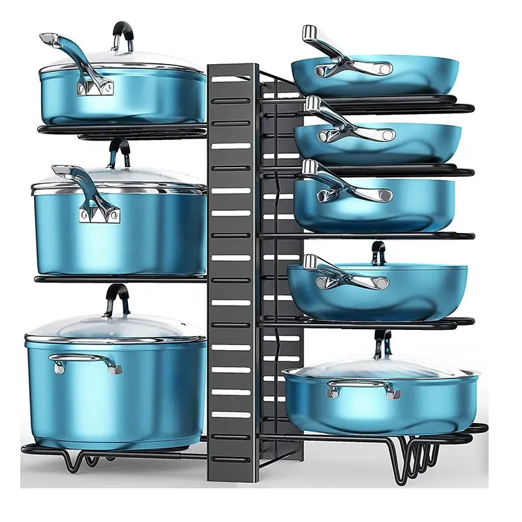 Kitchen Pots And Pans Organizer Multipurpose 8 Tier Pot Kitchen Utensils Rack Metal Adjustable Cabinet Pan Storage Rack