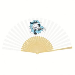 Abanico de Papel de Bambú Blanco de 21 cm Pintado a Mano con Borla para Recuerdos de Boda y Promociones - Product Image 3