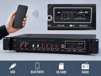 Amplificateur de puissance pour sonorisation en rack, 60W à 180W, avec volume indépendant à deux zones, USB, Bluetooth, carte SD, radio FM