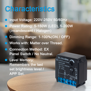 Interruptor inteligente Matter Over Thread con regulador de intensidad, 200W, LED, halógeno, sin neutro, módulo de pared, compatible con Google <span class=keywords><strong>Alexa</strong></span>, SmartThings, Apple Home, personalizable - Product Image 4