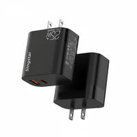 Chargeur mural rapide USB-C PD double port 25W noir standard US avec ports QC3.0 pour mobile