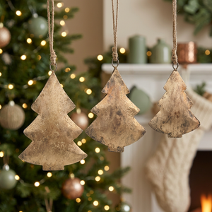 Rustic Brass Christmas Tree Ornaments <b>Gold</b> Leafed Die Cast Metal Hanging Decor Traditional Holiday Theme - Product Image 4