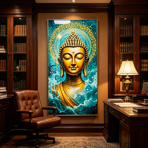 Wholesale <b>Framed</b> Glitter Wall Art Golden Buddha Head Teal Cloud Zen Religious HD Print Crystal Porcelain Painting for Home Decor - Product Image 3