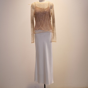 <span class=keywords><strong>Haut</strong></span> en maille transparente à col rond et manches longues <span class=keywords><strong>avec</strong></span> strass pour femme, 100 % polyester, couleur nude, effet scintillant, chemisier transparent à superposer - Product Image 1