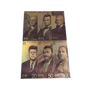 Lote de 6 Billetes de Dólar Estadounidense de 1, 5, 10, 20, 50 y 100 Dólares, Colección de Billetes con Lámina Dorada del Antiguo Presidente - Product Image 1