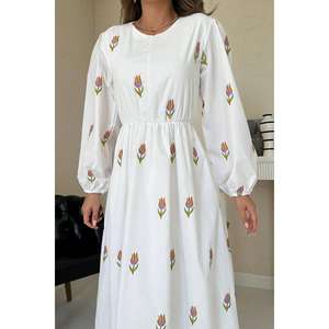 Vestido Bordado con Tulipanes Naranjas, Cintura Elástica, Cuello Redondo, Corte en A, Tejido, Informal, para Uso Diario - Product Image 1