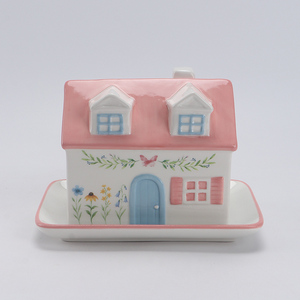 Pot de fleurs en céramique en forme de maison mignonne avec toit en tuiles bleues, porte rose et décor floral – Contenant de <span class=keywords><strong>jardin</strong></span> fantaisie pour plantes d'intérieur - Product Image 5