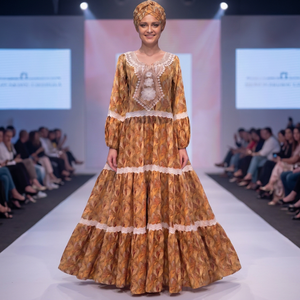 Vestido Maxi Africano Tradicional para Mujer, Ligero, Transpirable y Ecológico, con Estampado Floral Dorado y Ribete de Encaje, Estilo Bishop - Product Image 6