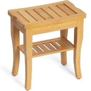 Tabouret de salle de bain en bambou 40x25.5x43cm, siège de douche antidérapant à deux niveaux avec rangement pour personnes âgées et usage spa - Product Image 1