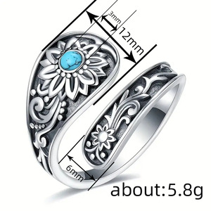 Anello T0245 con Fiore in Turchese, Argento 925, Montatura Vintage, Unisex, per Uso Quotidiano, Anelli Raffinati - Product Image 4
