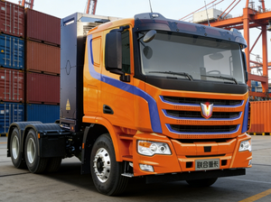 Sany Semi-<b>Trailer</b> Heavy Duty Orange Blue Front View Highway Driving - Product Image 5