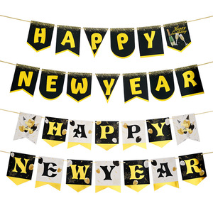 Pancarta de Feliz Año Nuevo con Purpurina Negra, Pancarta de Feliz Año Nuevo para Suministros de Fiesta de Nochevieja - Product Image 1