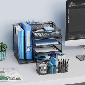 Office Desk Organizer with Upright <b>File</b> Holder 4 Tier Mesh Letter Paper Tray Organizer with Pen Holder Office Supplies - Product Image 4