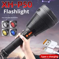 Lampe torche LED rechargeable USB/Type-C haute puissance, lumières rouge/jaune/bleue, faisceau de 500 m, portable, camping en plein air