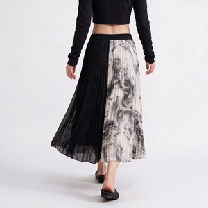 Pleated Midi <b>Skirt</b> Women <b>Elastic</b> <b>Waist</b> Digital Print Chiffon Mesh Ankle-Length Black Gray Pattern Soft All Seasons Wear - Product Image 6