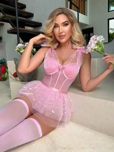 Pink Shiny dekorasi bunga kupu-kupu transparan Bra seksi celana dalam wanita pakaian dalam lucu Set - Product Image 5