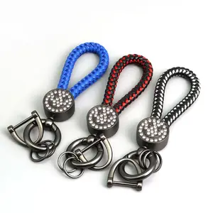 New Internet Celebrity Car Keychain Metal Inlaid Diamond Smiley Face Keyring Woven Leather Rope Keychain