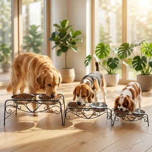 Ensemble de 3 gamelles doubles surélevées pour animaux de compagnie, avec support en fil de fer noir et gamelles en acier inoxydable, pour chiens et chats, station d'alimentation - Product Image 1