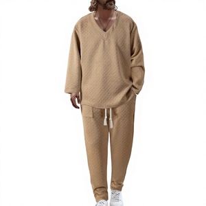 Conjunto Deportivo de Dos Piezas con Cuello en V y Jacquard para <span class=keywords><strong>Hombre</strong></span>, Cómodo, de Color Sólido, Informal, de Manga Larga y Pantalones Largos - Product Image 1
