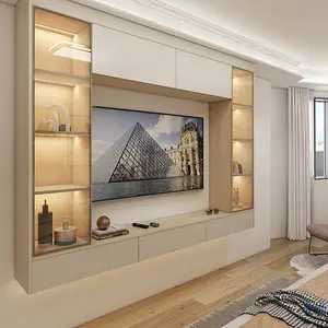 现代家居浮动木制电视柜家具设计客厅发光二极管照明壁挂式屏幕电视柜设计