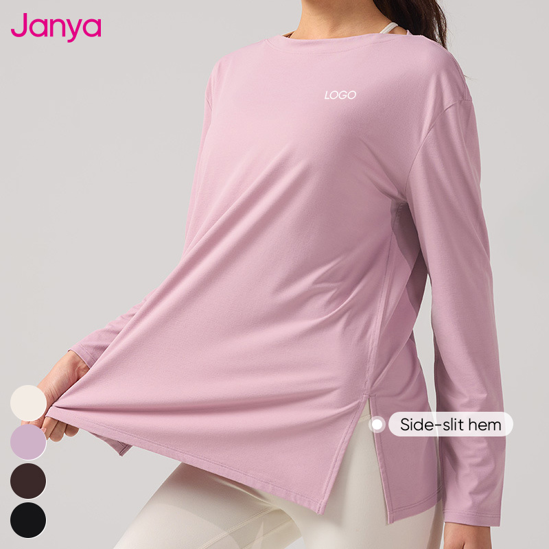 Janya 2026 Nude Feel Soft Elastic Breathable Boat Collar Long Sleeve Fitness Gym Tee Loose Workout Yoga Sports Shirts for Women