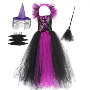 Costume de sorcière d'Halloween pour fille avec chapeau, robe de sorcier effrayant, tenue cosplay d'Halloween, robe de soirée fantaisie