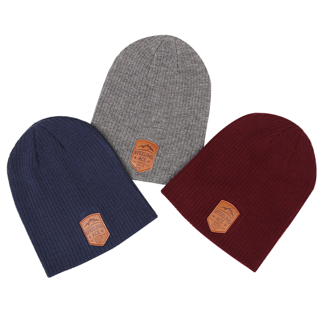 Slouchy Beanie Leather Patch No Cuff Skull Cap Beanie Polyester Spandex Sports Running Beanie Hat