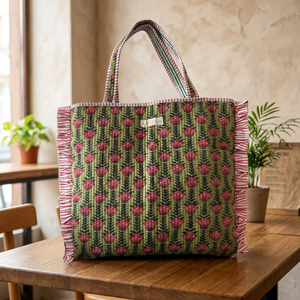 Bolso Tote de Algodón Acolchado con Estampado Artesanal, Cierre de Cremallera, Color Sólido, Forro de Algodón con Volantes Florales, Diseño Espacioso, Estilo Bohemio - Product Image 3