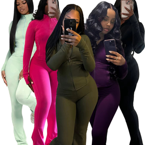 Completo Sportivo Chic <span class=keywords><strong>da</strong></span> <span class=keywords><strong>Donna</strong></span> in Maglia Autunnale, Pantaloni a Zampa, Set Due Pezzi con Zip e Maniche Lunghe - Product Image 1