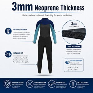 Combinaison de plongée en néoprène pour femmes, tissu recyclé, 3 mm, combinaison intégrale pour la plongée sous-marine et le snorkeling - Product Image 6