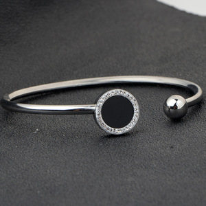 Brazalete abierto de acero inoxidable con piedra negra y círculo con incrustaciones de diamantes, joyería de moda, regalo para mujer - Product Image 2