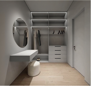 Armoire intégrée minimaliste Balom sur mesure avec coiffeuse et grand placard gris avec bande LED pour l'ameublement de la maison - Product Image 6