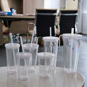 Wholesale 12oz 16oz 22oz 24oz BPA Free <b>Double</b> <b>Wall</b> Acrylic Clear Juice Water Tumbler Tea Plastic Coffee Mug with Straw and Lids - Product Image 5