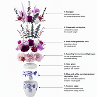 Natürliches Lila Blumenarrangement Blau-Weiße Porzellanvase Ewige Echte Pflanzen Bouquet Konservierte Rosen Hortensien
