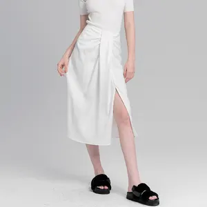 Customized High Quality Low Moq Women Falda Factory White Ruched Midi Skirt With Hem Split