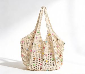 Portable <b>Lightweight</b> Polyester Dot Casual Tote Woven <b>Beach</b> <b>Bag</b> for Seaside Holidays Open Closure Handbags Collection - Product Image 1