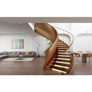 Modern Design Double Steel Plates Stairs Curved Wooden Stringer Treads Staircase with Glass Railing